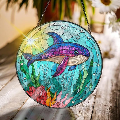 Bimkole Shark Stained Glass Suncatcher Window Hanging - Ocean Indoor Window or Doorway Decoration - Handmade Sun Catcher Decor for Garden Home Christmas & Birthday Gifts 7.87x7.87 Inch