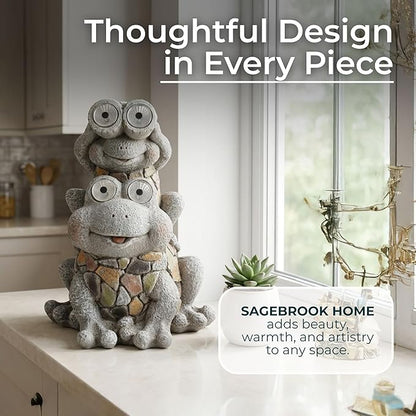 Frogs Piggy Back Ride with Solar Eyes Statue for Garden Decor - Stone Like Figurine for Front Porch, Outdoor Garden, Patio, and Yard Decor - Sculptural Yard Art for Entryway - 14", Gray & Yellow