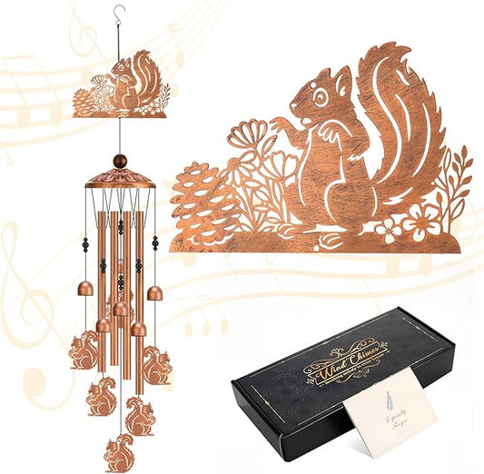 Squirrel Wind Chimes for Outside Metal Windchimes Squirrel Gifts for Women Men Garden Decor for Patio Yard Memorial Bronze
