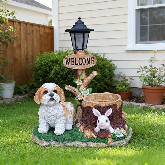 Solar Garden Statue with Planter & Solar Lantern, Outdoor Resin Animal Sculpture, Waterproof Yard Lawn Decor Pot for Succulents, Front Porch Ornament Housewarming Gift(Shih Tzu)