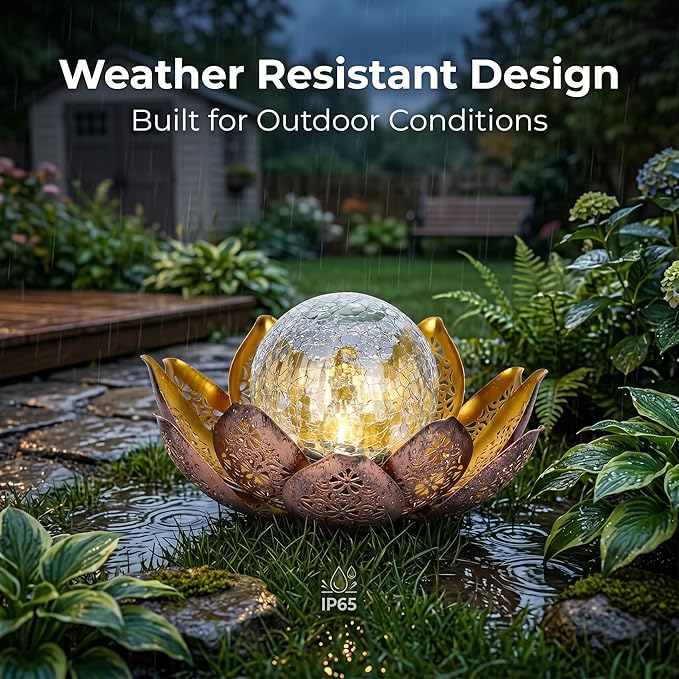 DUSVALLY Lotus Solar Globe LED Light Garden Decoration, Outdoor IP65-Waterproof Crack Glass Solar Flower Lamp Hollow Out Retro Golden Metal Light for Patio, Lawn & Pathway Landscape, 12" W * 6" H