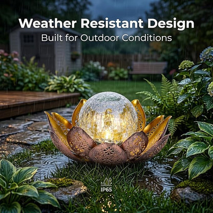 DUSVALLY Lotus Solar Globe LED Light Garden Decoration, Outdoor IP65-Waterproof Crack Glass Solar Flower Lamp Hollow Out Retro Golden Metal Light for Patio, Lawn & Pathway Landscape, 12" W * 6" H