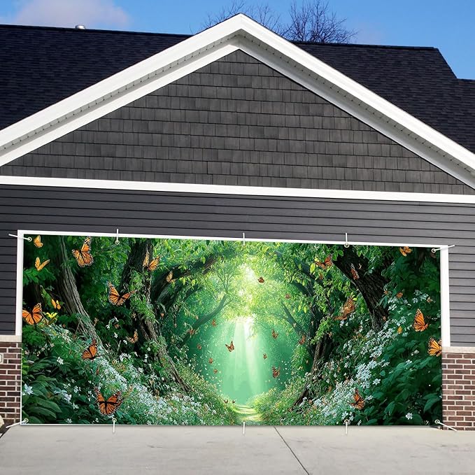 16x7 ft Enchanted Forest Banner for Two Car Garage - Fits Double Garage Door, Magical Sunlight Forest Path with Butterflies Large Backdrop, Garden Yard Sign & Meditation Space