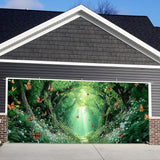 16x7 ft Enchanted Forest Banner for Two Car Garage - Fits Double Garage Door, Magical Sunlight Forest Path with Butterflies Large Backdrop, Garden Yard Sign & Meditation Space