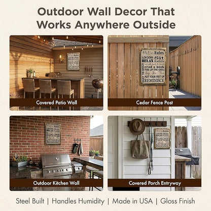 Homebody Accents Patio Rules Sign - Rustic Steel Porch Wall Decor, Outdoor Sign for Back Patio, Deck and Screened Porch, Positive Thinking Home Gift, Made in USA - 13"x17" Framed