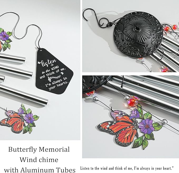 HDCRYSTALGIFTS 34'' Butterfly Wind Chimes Outdoor Large, Butterflies Aluminum Tube Memorial Windchime for Outside with S Hook,Patio Home Garden Decor, Sympathy Gifts for Loss of Loved One