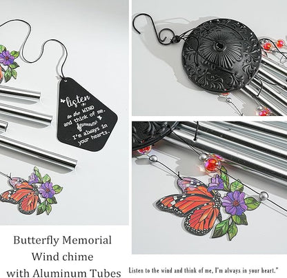 HDCRYSTALGIFTS 34'' Butterfly Wind Chimes Outdoor Large, Butterflies Aluminum Tube Memorial Windchime for Outside with S Hook,Patio Home Garden Decor, Sympathy Gifts for Loss of Loved One