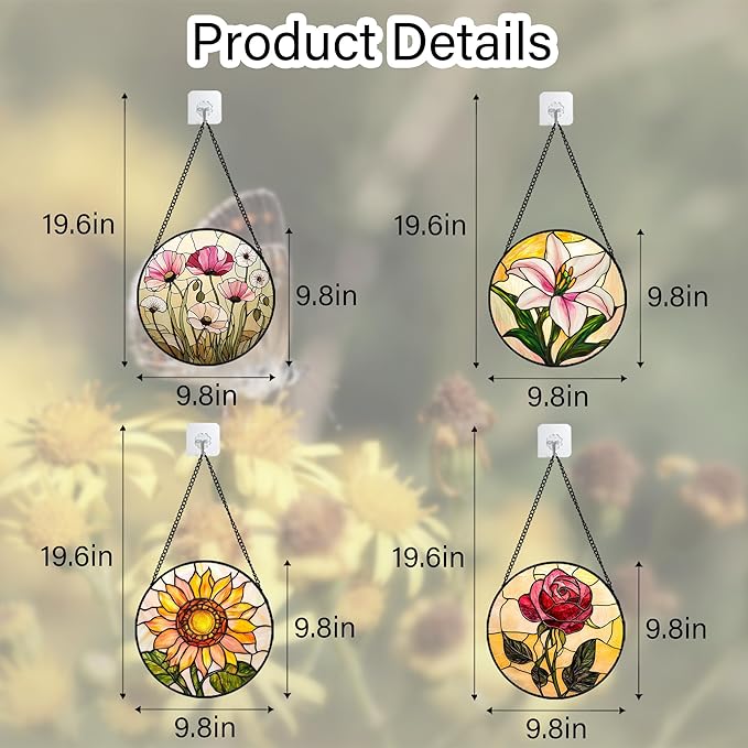 Stained Glass Window Hanging 4 Pcs Set Lily Rose Sunflower Poppy 9.8" - Flower Suncatcher Door Garden Sun Catcher Decor Birthday Mother's Day for Wife Woman Nana Girl