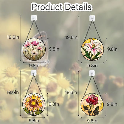 Stained Glass Window Hanging 4 Pcs Set Lily Rose Sunflower Poppy 9.8" - Flower Suncatcher Door Garden Sun Catcher Decor Birthday Mother's Day for Wife Woman Nana Girl