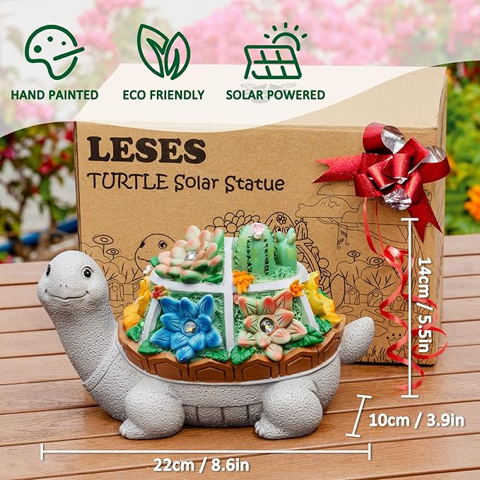 LESES Garden Statues, Turtle Solar Garden Outdoor Statues Lawn Ornaments with Cactus & LED Lights, Tortoise Figurines Outdoor Clearance Funny Decorations for Patio Balcony