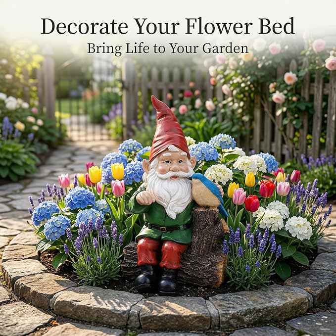 Topadorn Garden Gnome Statues with Bird Resin Sculpture Gnome Sitting on the Stump Outdoor Statues for Outdoor Garden Decor