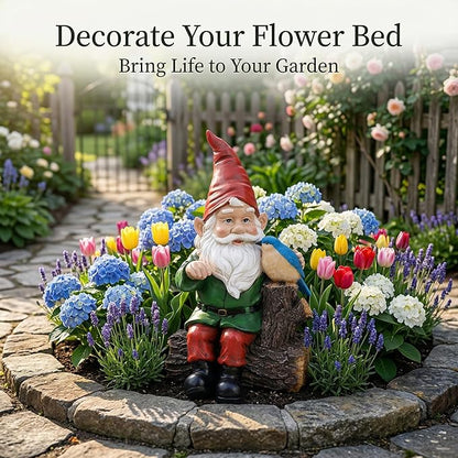 Topadorn Garden Gnome Statues with Bird Resin Sculpture Gnome Sitting on the Stump Outdoor Statues for Outdoor Garden Decor