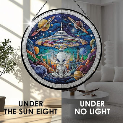 Alien Spaceship Stained Glass Window Hanging, 7.9" UFO Sun Catcher Glass Panel Boho Wall Art Decor, Hand Painted Round Ornament for Friends, Art Lover, Astronomer