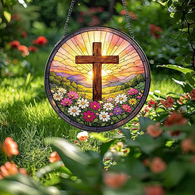 Stained Glass Window Hanging Suncatcher, 8" Round Religious Cross Sun Catcher, Decorative Glass Art for Home Garden, Faith Gift for Women Mom Grandma