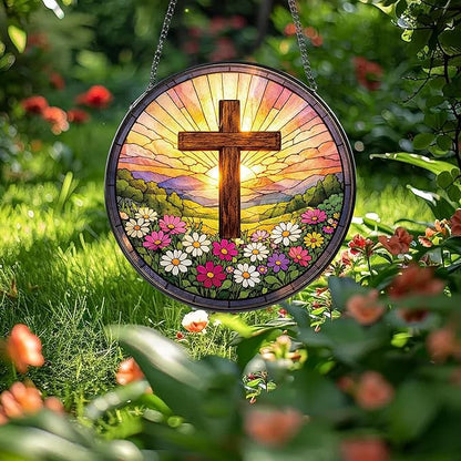 Stained Glass Window Hanging Suncatcher, 8" Round Religious Cross Sun Catcher, Decorative Glass Art for Home Garden, Faith Gift for Women Mom Grandma