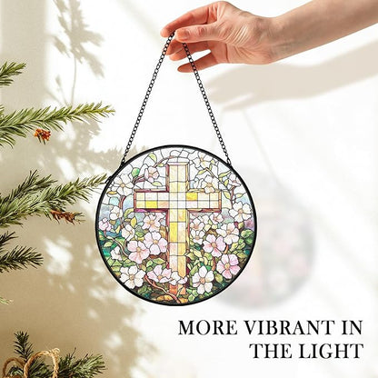 Christian Floral Suncatcher Stained Glass Cross Window Hanging Wall Decor, Christmas Religious Gifts for Women, Easter Religious Cross Garden Lawn Sun Catchers for Window Hanging Art,7.9x7.9In