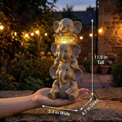 Lyeasw Solar Elephant Garden Statue with Lighted Welcome Sign, Outdoor Decor for Patio Porch Yard, Cute Elephant Family Figurine for Garden, Gift for Mom Grandma Garden Lovers