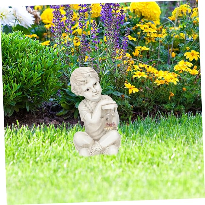 Resin Solar Sculpture with Jar Decor Outdoor Figurine Solar Powered Ornament for Flowerbed Statue for Parties and Lawn Decor