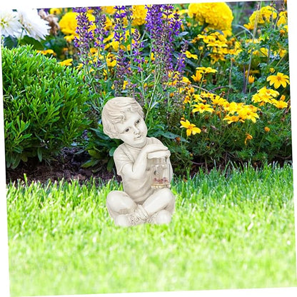Resin Solar Sculpture with Jar Decor Outdoor Figurine Solar Powered Ornament for Flowerbed Statue for Parties and Lawn Decor