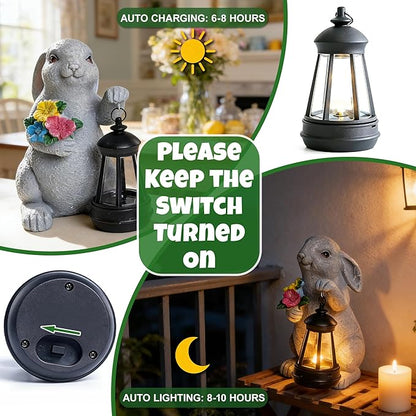Solar Garden Statues, Resin Bunny Statue w/ Flower, Waterproof Figurine Rabbit Garden Statue for Outside Yard Outdoor Home Patio Lawn Decor, Solar Animal Lights for Adults Women Birthday Easter Gifts