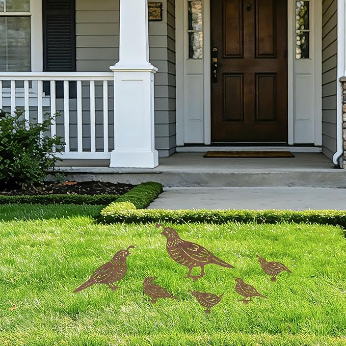 6Pcs Rusty Quail Yard Art Decor, Metal Birds Decorative Garden Stakes for Outside, Bird Lover Gifts for Women Mom Grandma Wife, Metal Garden Decor for Patio Lawn Pathway Backyard Ornament