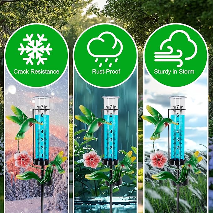 Hummingbird Rain Gauge Outdoor, Solar Stake Rain Gauges for Yard with LED Lights & Plastic Measuring Cup Large Rain Gauge Outdoor Decorative Water Gauge for Rain for Garden, Lawn, Pathway Decor