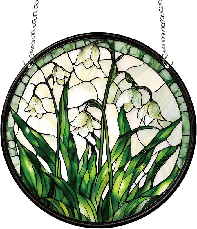 CREATCABIN Lily of The Valley Suncatcher Round Sun Catchers Stained Acrylic Flower Floral Window Wall Art Hanging Decoration with Metal Ball Chain for Living Room Bedroom Home Garden Ornament 9.8 Inch