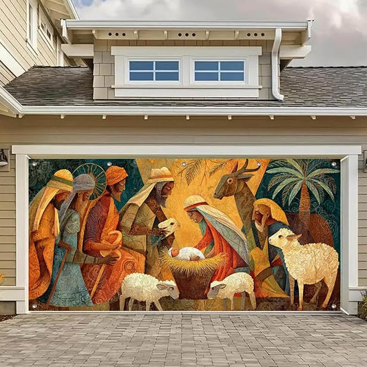 HOMETITUTE 13x6ft Nativity Scene Merry Christmas Garage Door Banner Polyester Large Outdoor Xmas Decoration with Baby Jesus Mary Shepherd Animals for Holiday Party Winter Yard Home Church Display
