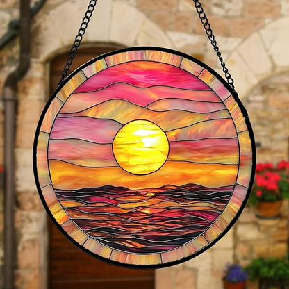 DASTOLL Stained Glass Window Hanging, Sunrise Sea Surface Sun Catchers Diamond Glass Panel Hangings Abstract Suncatcher Decor for Birthday for Women, Men, Wife, Aunt, and Mom 9.8 in