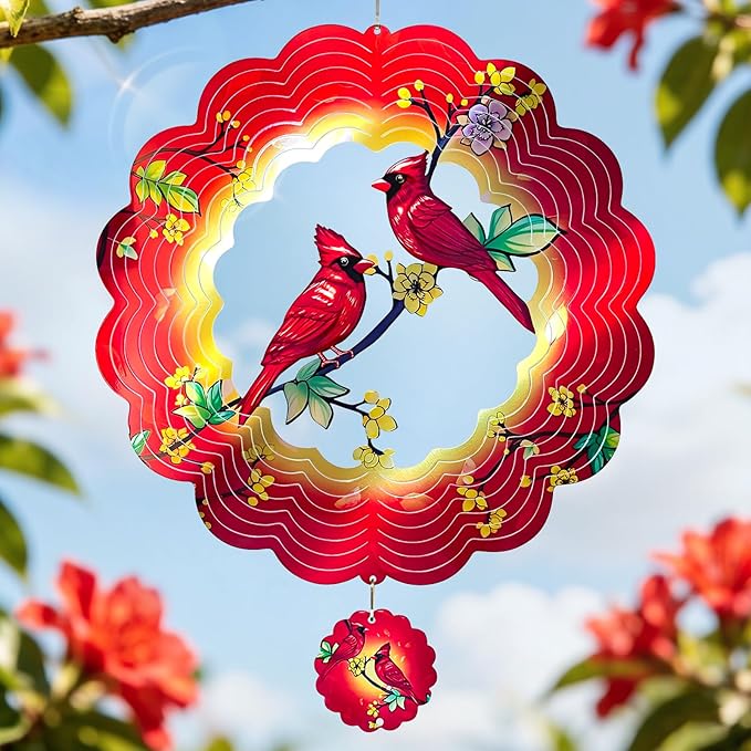 Cardinal Wind Spinner, IDEA SHOW 12Inch Metal 3D Kinetic Metal Wind Spinners, Cardinal Gift for Women, Mom, Garden & Yard Decor Outdoor/Indoor Decoration, Dynamic Art Hanging Sculpture (12In-Cardinal)