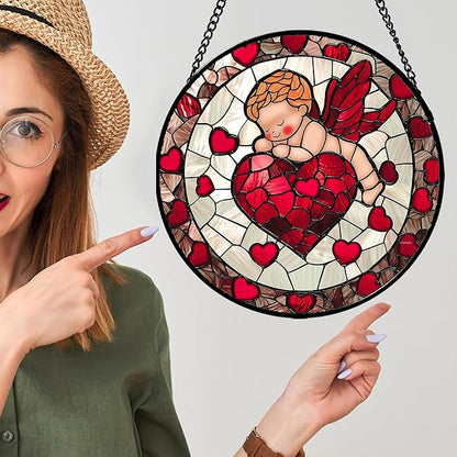 Stained Glass Window Hanging - Red Love Angel Sun Catcher for Door Garden Home Decor Cute Suncatcher Christmas Mother's Day Birthday for Women Men Mom Nana 6.3 in