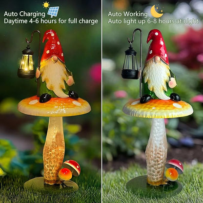 Solar Garden Gnomes Outdoor Statue, Waterproof Outdoor Mushroom Decor with Solar Lantern LED Lights for Yard, Patio, Lawn Ornaments, Valentines Day Gifts for Mom Women, Housewarming Gifts-16.5"
