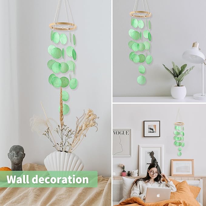 Handmade Capiz Wind Chimes for Outside, Outdoor Seashell Hanging Beach Coast Ocean Home Decorative, Unique Natural Shell Waterfall Windchimes for Summer Patio, Great Memorial Sympathy Gift（Green