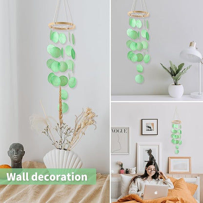 Handmade Capiz Wind Chimes for Outside, Outdoor Seashell Hanging Beach Coast Ocean Home Decorative, Unique Natural Shell Waterfall Windchimes for Summer Patio, Great Memorial Sympathy Gift（Green