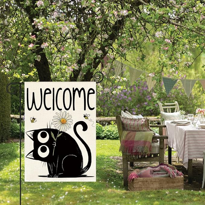 AVOIN colorlife Black Cat Spring Summer Garden Flag 12x18 Inch Double Sided Outside, Seasonal Daisy Welcome Yard Outdoor Flag