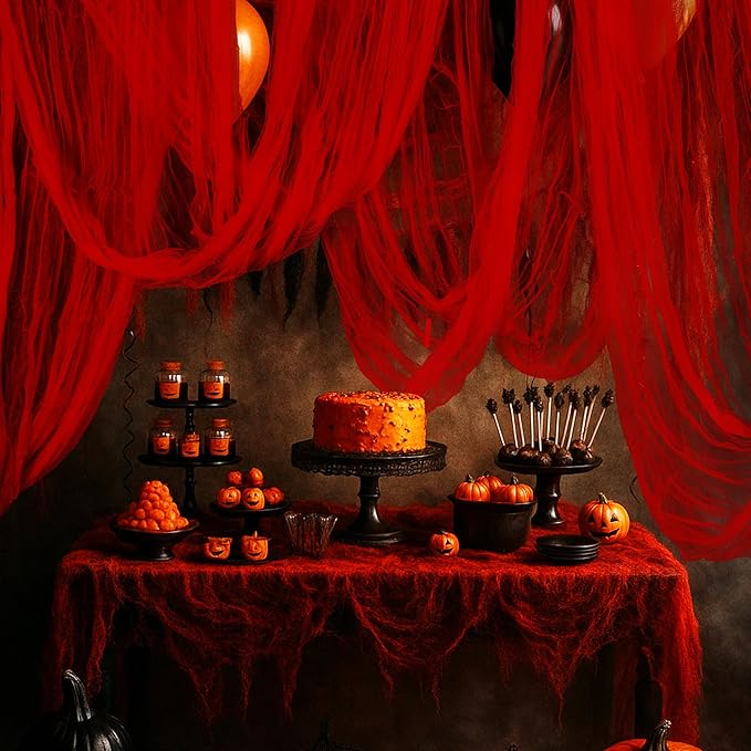 RunNico 197'' x 85'' Halloween Blood Red Scary Gauze, Bloody Haunted House Creepy Cloth, Spooky Fabric Hanging Decoration for Horror Themed Nightmare Party Wall Yard Doorway Porch Decor