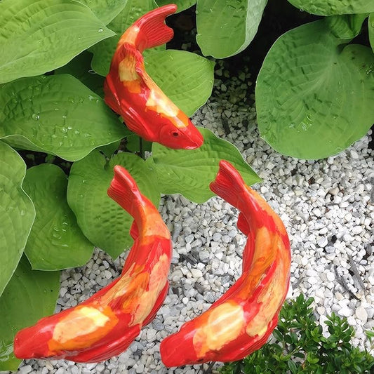 Koi Fish Decor Garden: 3 Pcs Resin Koi Fish Sculpture, Garden Fishes Statue with Stake, for Outdoors, Patio, Yard, Lawn, Pond and Home Decoration (Red)