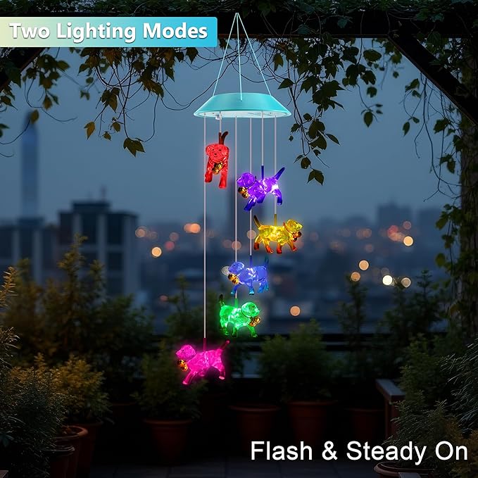 Solar Dog Gift for Mom Girls, Color Changing Solar Wind Chimes for Outside, Outdoor Decorative Mobile Lights for Garden, Yard, Patio, Window, Party Decorations, Gift for Women