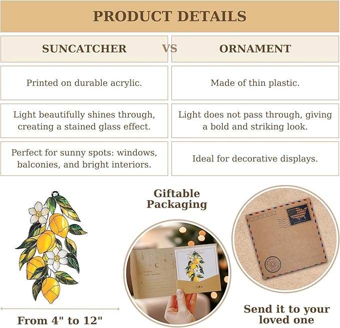 Lemon Branch Acrylic Suncatcher, Boho Suncatchers for Window Hanging Ornament, Stained Glass Effect Indoor Outdoor Garden Decor for Tropical Lover, Gifts for Mother's Day, Mom, Grandma, Wife, Women