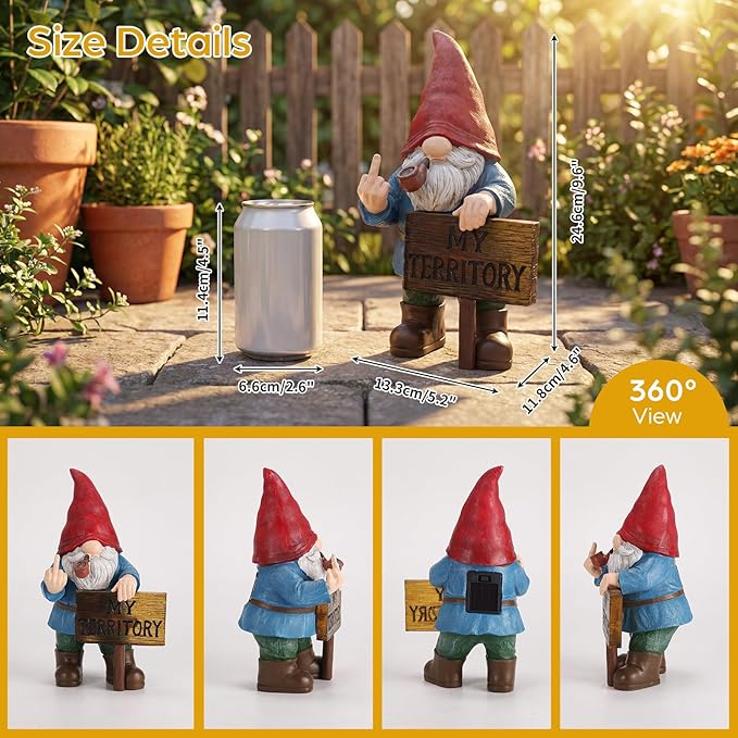 Lavezee Funny Garden Gnome, Middle Finger Gnomes Statue with Solar Lighted Sign – “My Territory” for Patio Backyard Porch Outdoor, Humorous Housewarming Gifts for Men Dad Husband