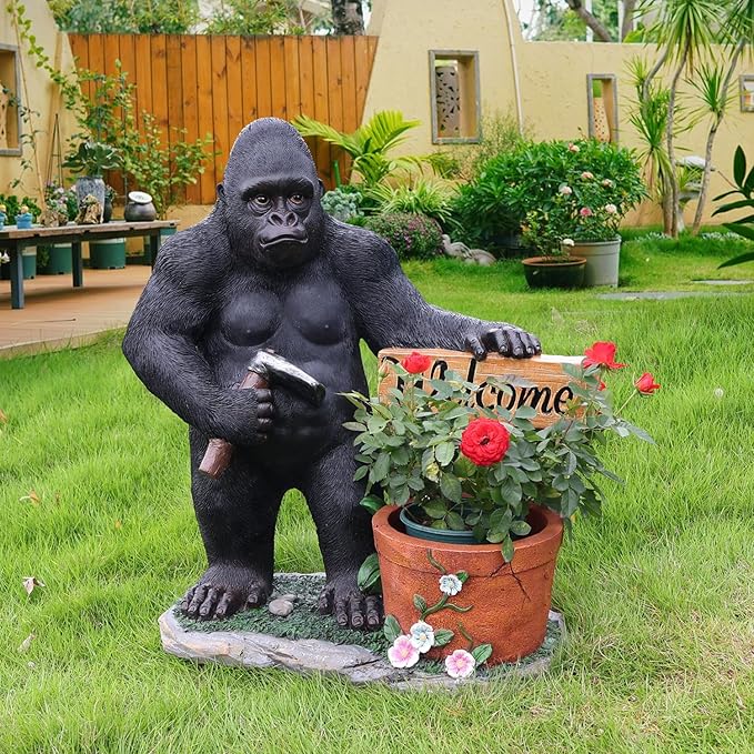 Gorilla Resin Garden Statue Planter, Waterproof Outdoor Yard Lawn Decor Flower Pot, Front Porch Ornament Housewarming Gift(Standing Gorilla)