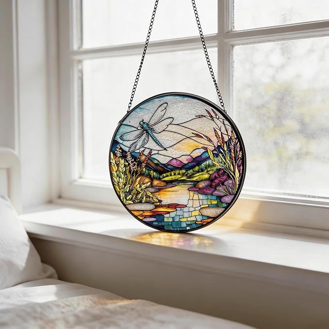 Stained Glass Sun Catcher,Dragonfly and RiverStained Glass Window Hanging Garden Decor,Sun Catchers Indoor Window,Whimsical Decoration for Home Backyard Patio Lawn Porch with 6.3 INCH