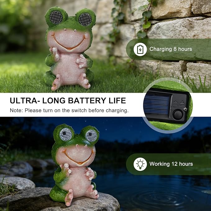 Solar Frog Garden Statue with Blinking Rotating LED Eyes, Solar Powered Auto On/Off, Waterproof Resin Outdoor Decor for Patio, Yard, Unique Gift for Women, Mom, Grandma