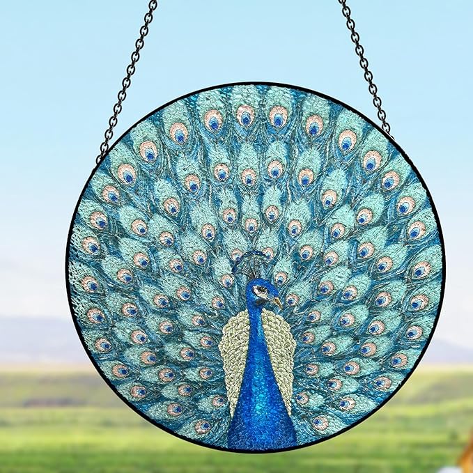 Hanging Stained Glass for Windows,20cm/7.87inch Peacock Hand-Painted Sun Catcher Garden Hangings Christmas Mother's Day, Valentine's Day Ornaments Festival Gift (Style A)