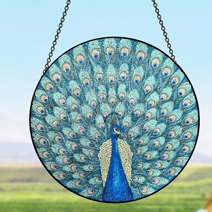 Hanging Stained Glass for Windows,20cm/7.87inch Peacock Hand-Painted Sun Catcher Garden Hangings Christmas Mother's Day, Valentine's Day Ornaments Festival Gift (Style A)