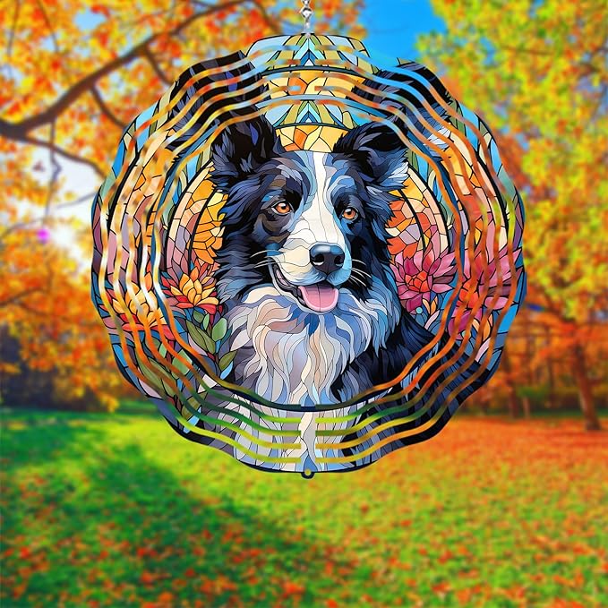 Border Collie Wind Spinner Pet Dog Memorial Gifts 3D Aluminum Metal Kinetic Hanging Wind Sculpture Spinners for Yard and Garden Indoor Outdoor Window Garden Decoration 8 Inch (Border Collie 1)
