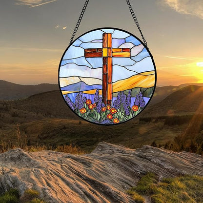 DASTOLL Christian Gifts for Women - Cross Stained Glass Window Hanging Jesus Easter Purple Flower Mountain Sun Catcher Garden Religion Decor Mother's Day Catholic Gift for Men Grandma Nana Her 7.8"