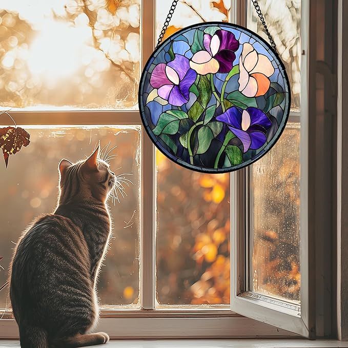 Stained Glass Window Hanging - Colorful Flower Suncatcher for Door Garden Patio Retro Floral Sun Catchers Decor Christmas Mother's Day Birthday Gifts for Women Mom Nana Friend 6.3 in