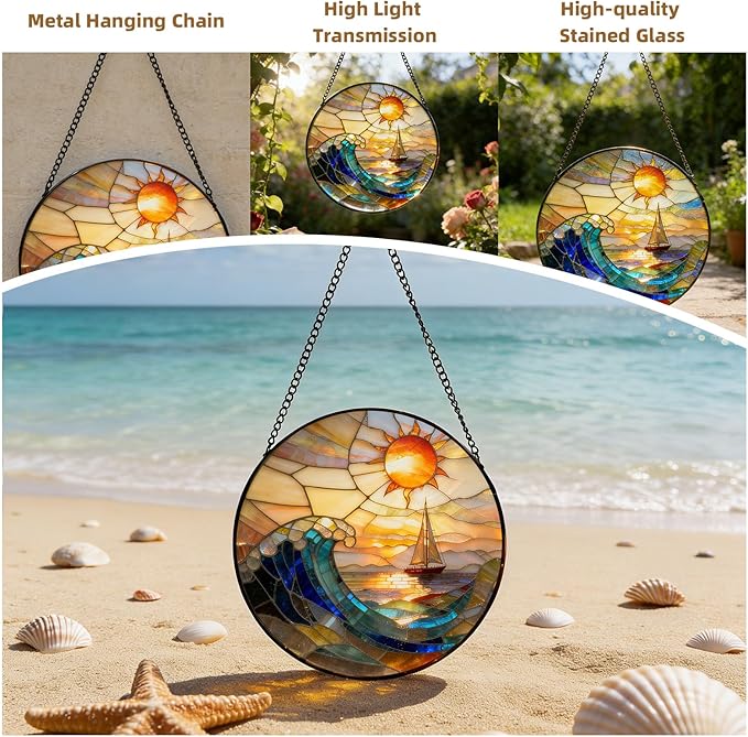 7.8 Inch Stained Glass Window Hanging, Sailboat & Sunset Waves Suncatcher, Blue and Orange Sky Diamond Glass Panel Landscape Decor for Women, Men, Wife, Aunt, and Mom