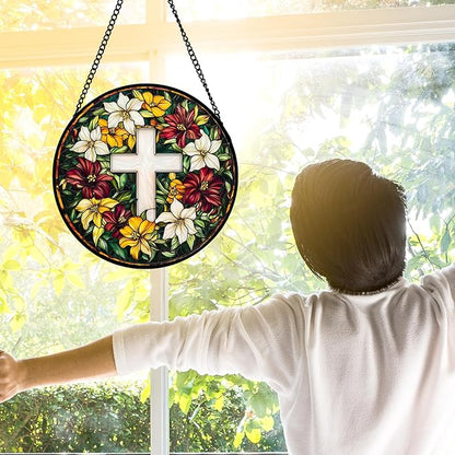 DASTOLL Stained Glass Window Hanging, Cross Flowers Sun Catchers Colorful Glass Panel Christianity Suncatcher Decor for Birthday for Women, Men, Wife, Aunt, and Mom 6.3 in